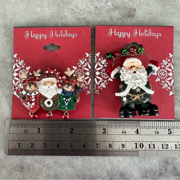 Set of 2 Santa Claus Christmas Brooch Pins Jingle Bell Holiday Jewelry NWT - Picture 2 of 4